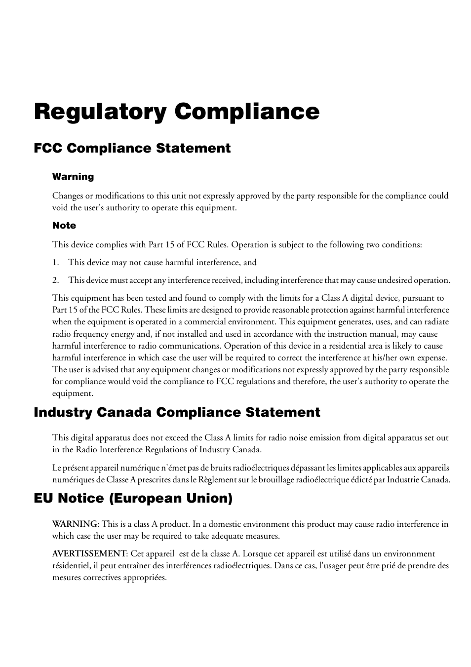 Regulatory compliance, Fcc compliance statement, Industry canada compliance statement | Eu notice (european union) | Matrox Electronic Systems 4SIGHT-M User Manual | Page 157 / 162