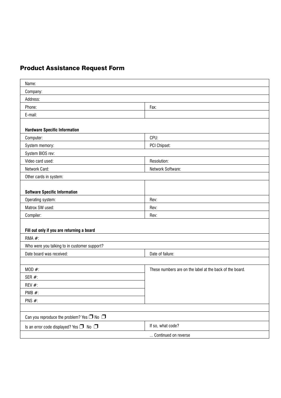 Product assistance request form | Matrox Electronic Systems 4SIGHT-M User Manual | Page 161 / 162