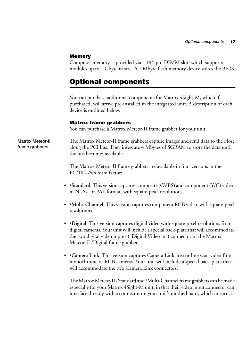 Memory, Optional components, Matrox frame grabbers | Matrox Electronic Systems 4SIGHT-M User Manual | Page 17 / 162