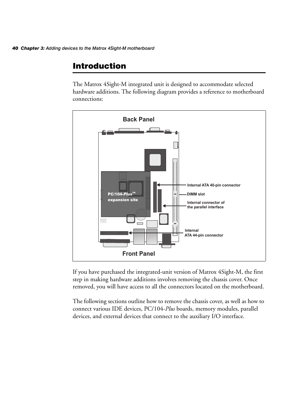 Introduction, Back panel front panel | Matrox Electronic Systems 4SIGHT-M User Manual | Page 40 / 162
