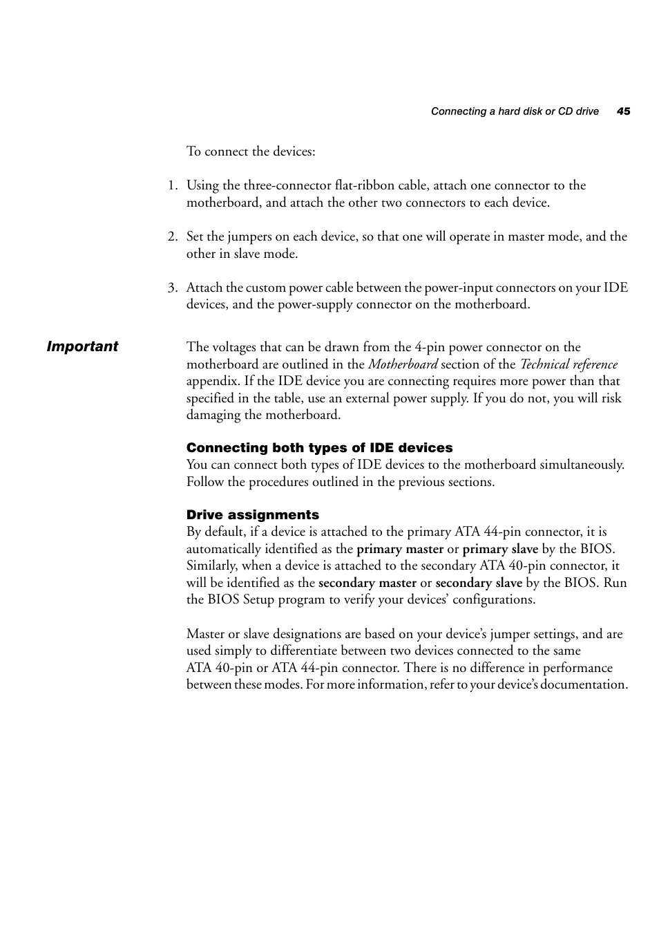 Connecting both types of ide devices, Drive assignments | Matrox Electronic Systems 4SIGHT-M User Manual | Page 45 / 162