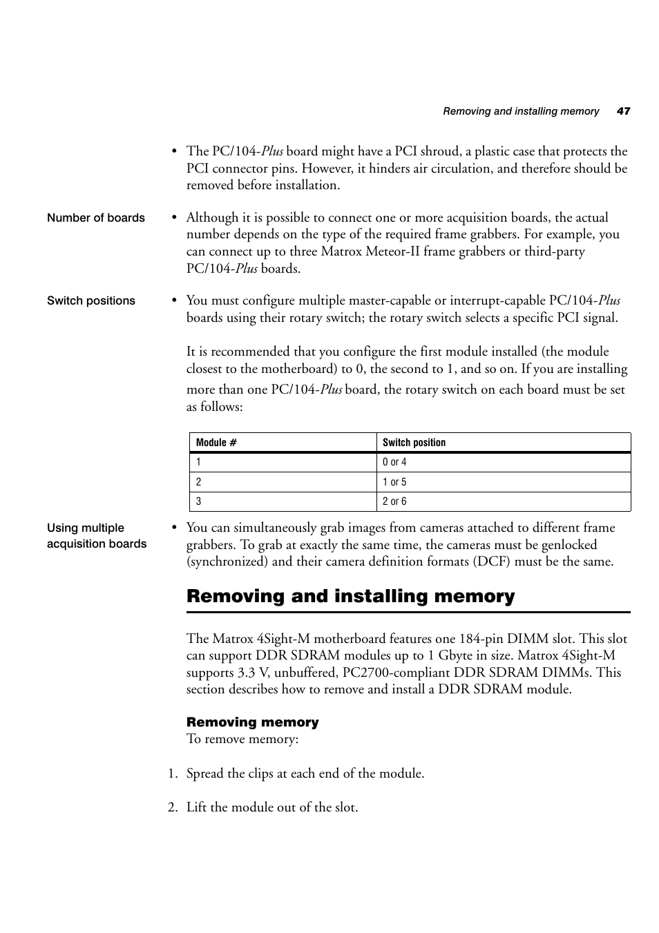 Removing and installing memory, Removing memory | Matrox Electronic Systems 4SIGHT-M User Manual | Page 47 / 162