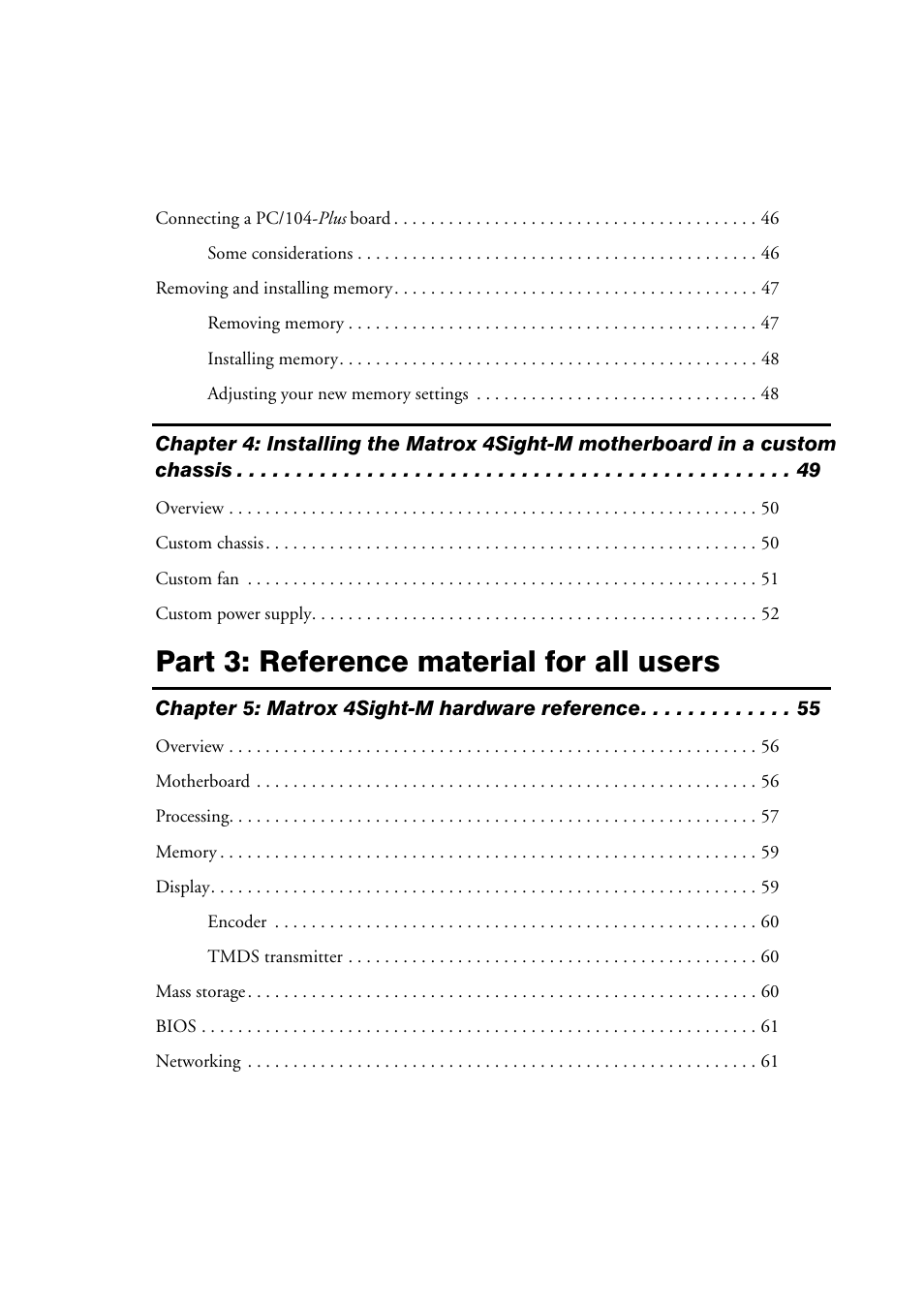 Part 3: reference material for all users | Matrox Electronic Systems 4SIGHT-M User Manual | Page 5 / 162