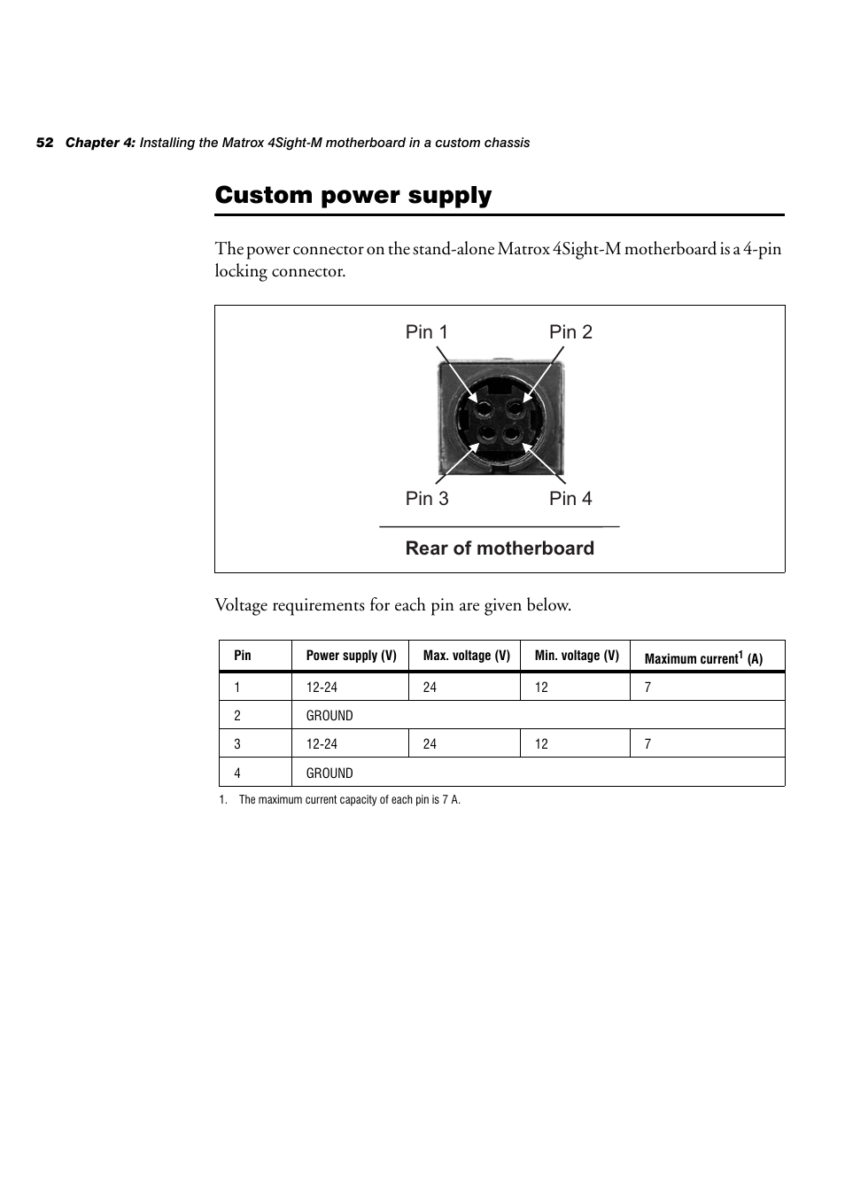 Custom power supply, Rear of motherboard pin 1 pin 2 pin 3 pin 4 | Matrox Electronic Systems 4SIGHT-M User Manual | Page 52 / 162