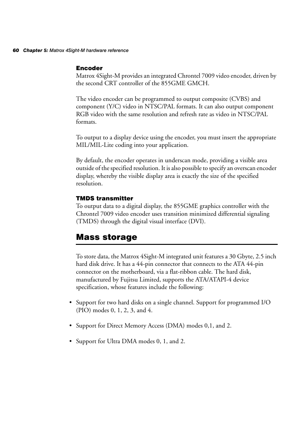 Encoder, Tmds transmitter, Mass storage | Matrox Electronic Systems 4SIGHT-M User Manual | Page 60 / 162
