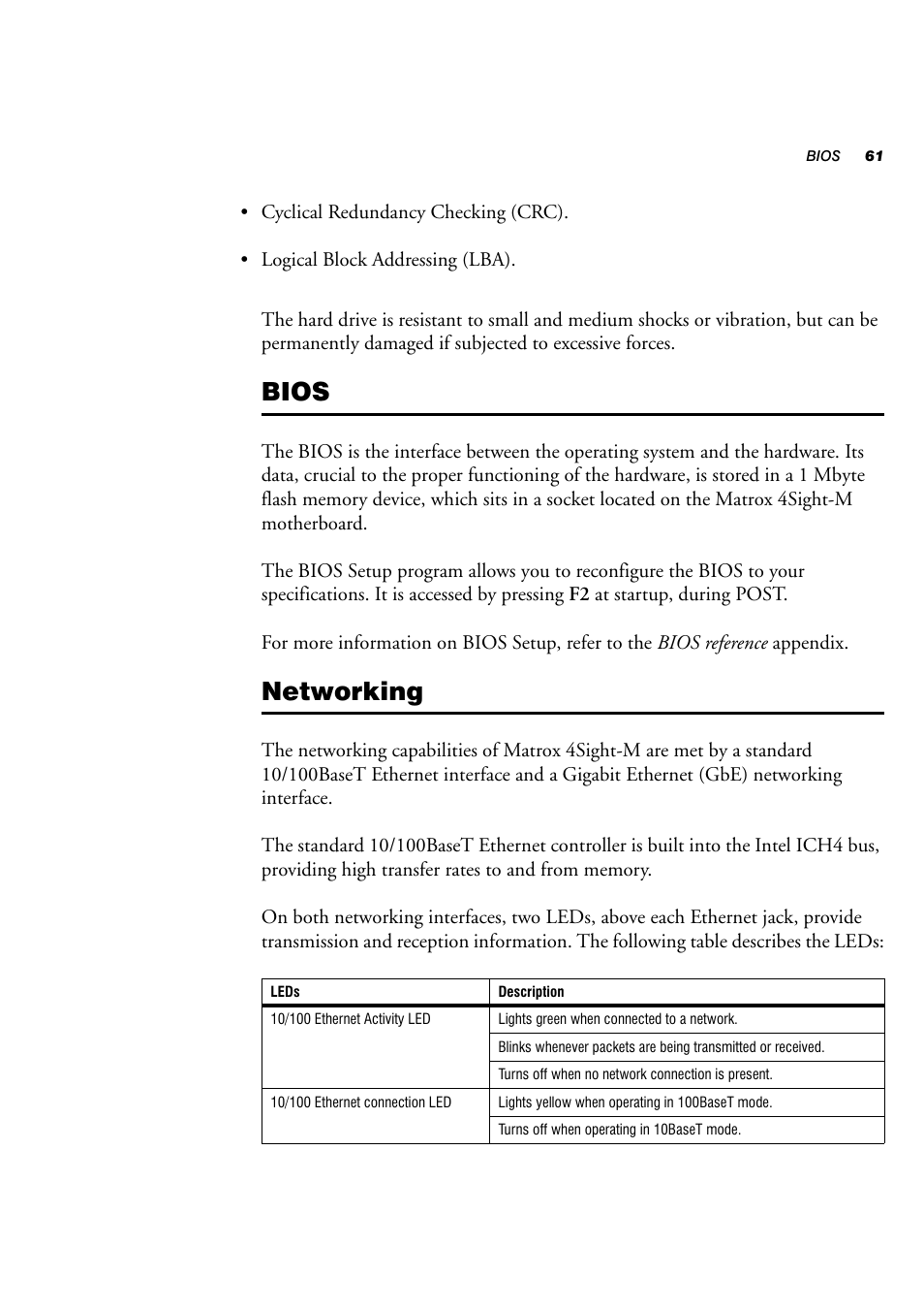 Bios, Networking | Matrox Electronic Systems 4SIGHT-M User Manual | Page 61 / 162