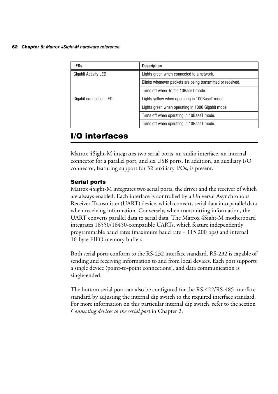 I/o interfaces, Serial ports | Matrox Electronic Systems 4SIGHT-M User Manual | Page 62 / 162