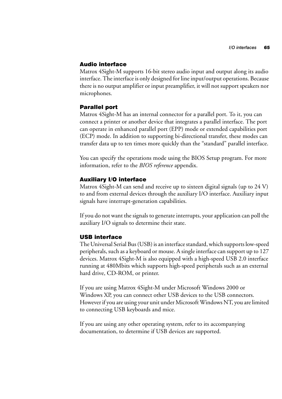 Audio interface, Parallel port, Auxiliary i/o interface | Usb interface | Matrox Electronic Systems 4SIGHT-M User Manual | Page 65 / 162