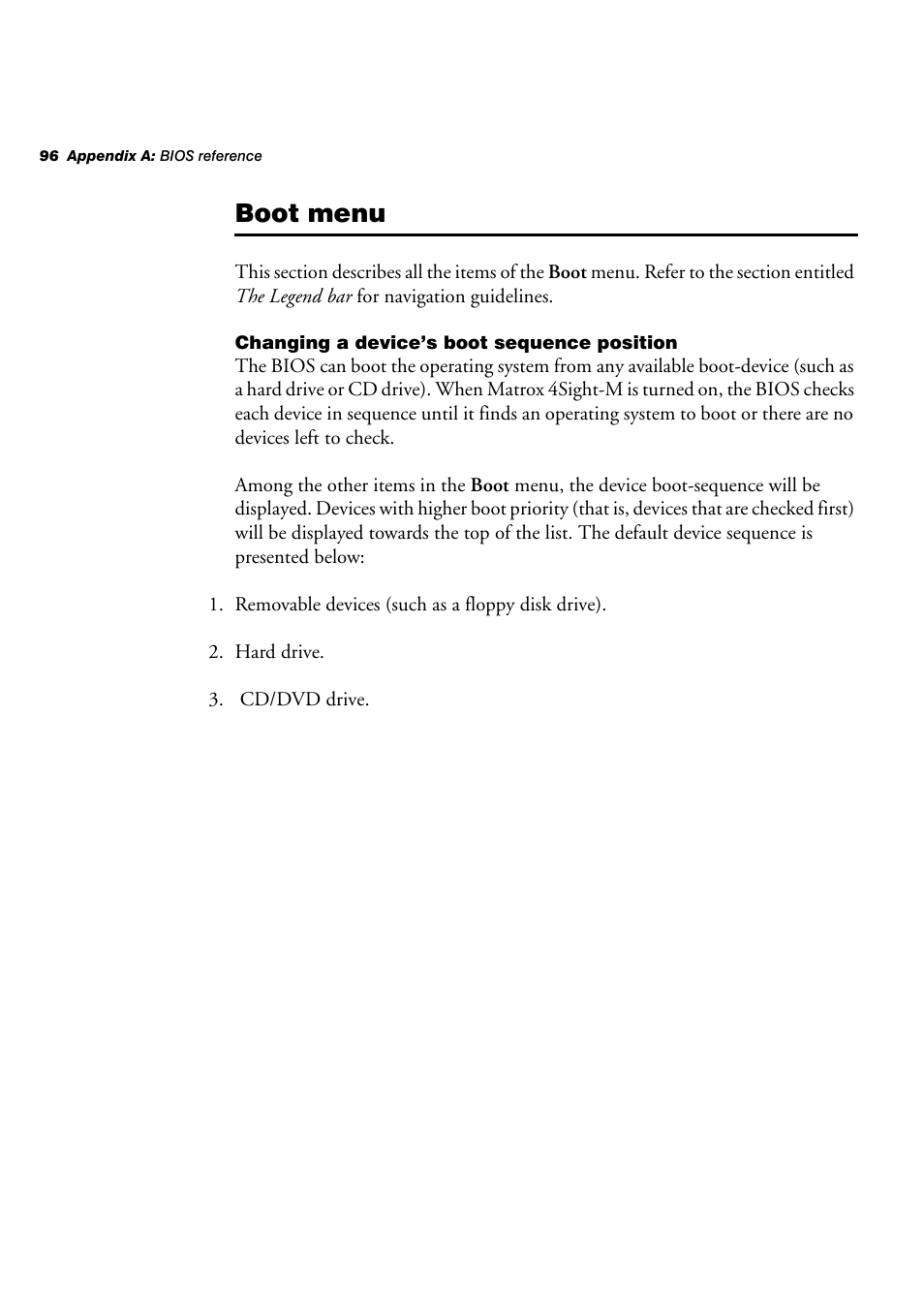 Boot menu, Changing a device’s boot sequence position | Matrox Electronic Systems 4SIGHT-M User Manual | Page 96 / 162