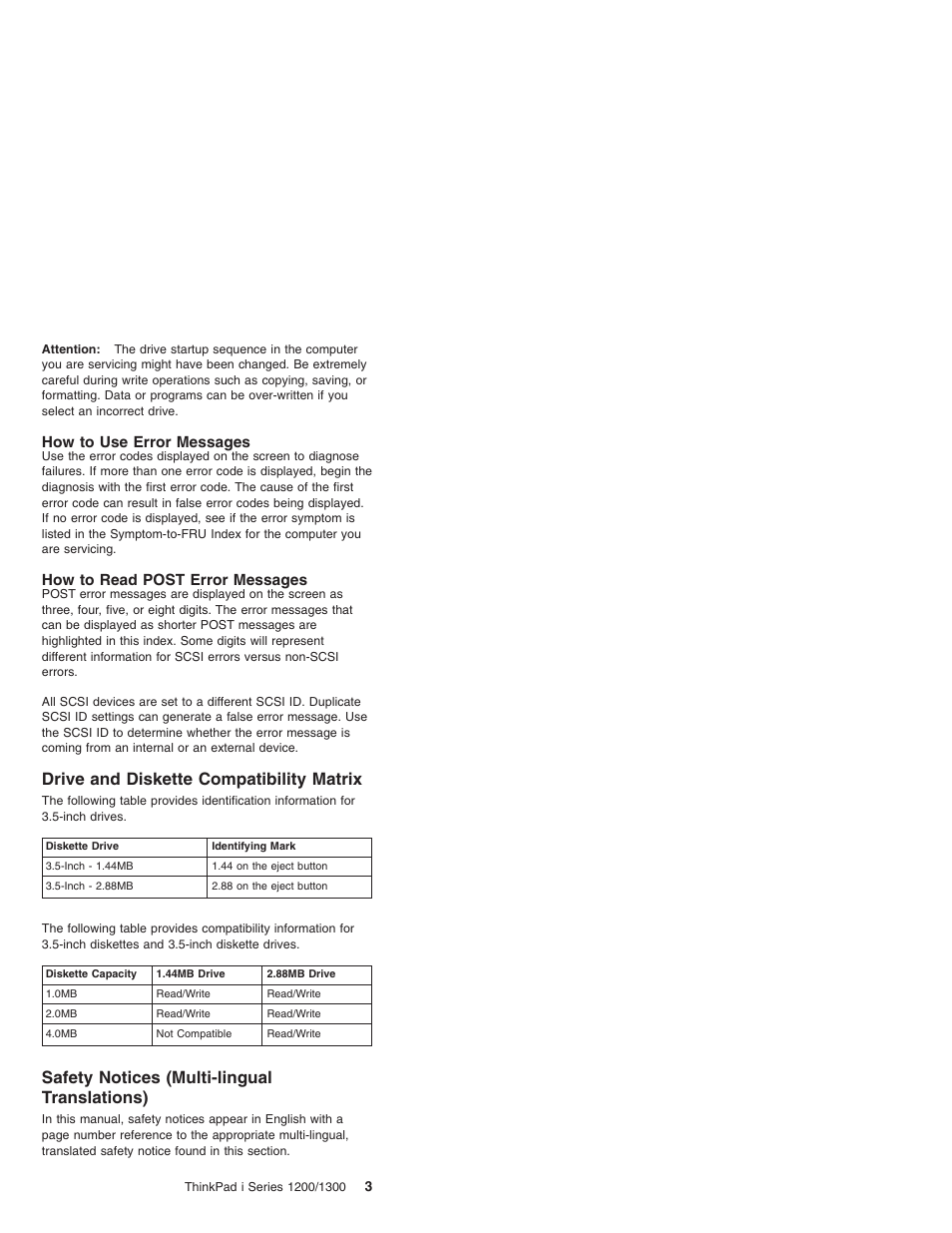 How to use error messages, How to read post error messages, Drive and diskette compatibility matrix | Safety notices (multi-lingual translations) | Madge Networks 1200 User Manual | Page 13 / 233