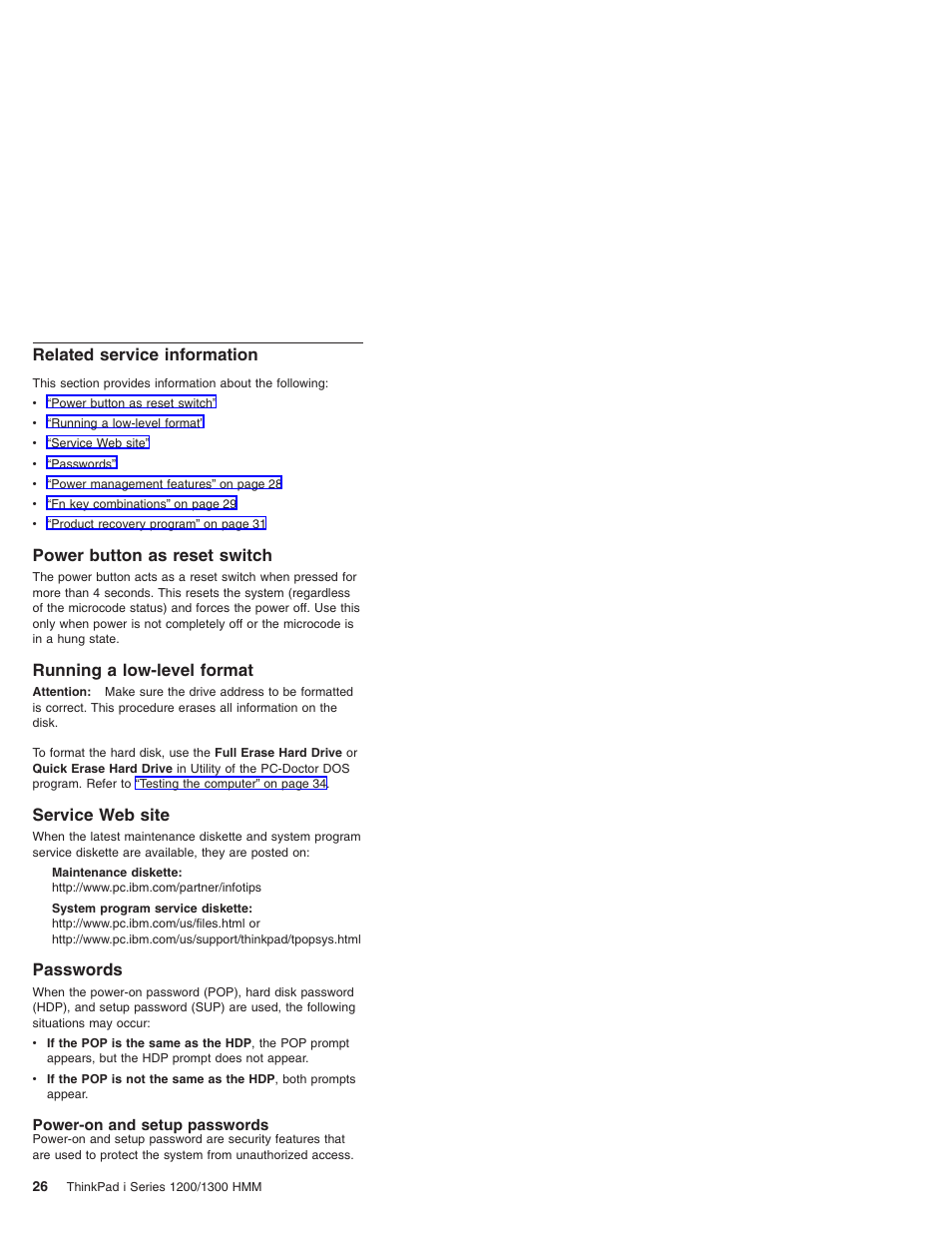 Related service information, Power button as reset switch, Running a low-level format | Service web site, Passwords, Power-on and setup passwords | Madge Networks 1200 User Manual | Page 36 / 233