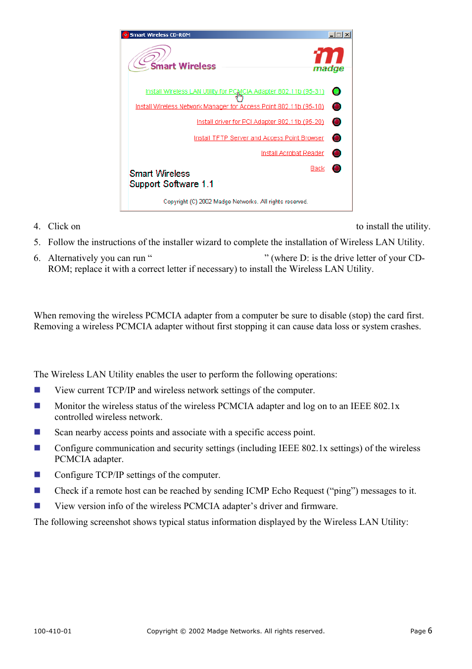Removing the wireless pcmcia adapter, Wireless lan utility, 4 wireless lan utility | 4wireless lan utility, 3 removing the wireless pcmcia adapter | Madge Networks 802.11b (95-31) User Manual | Page 10 / 12