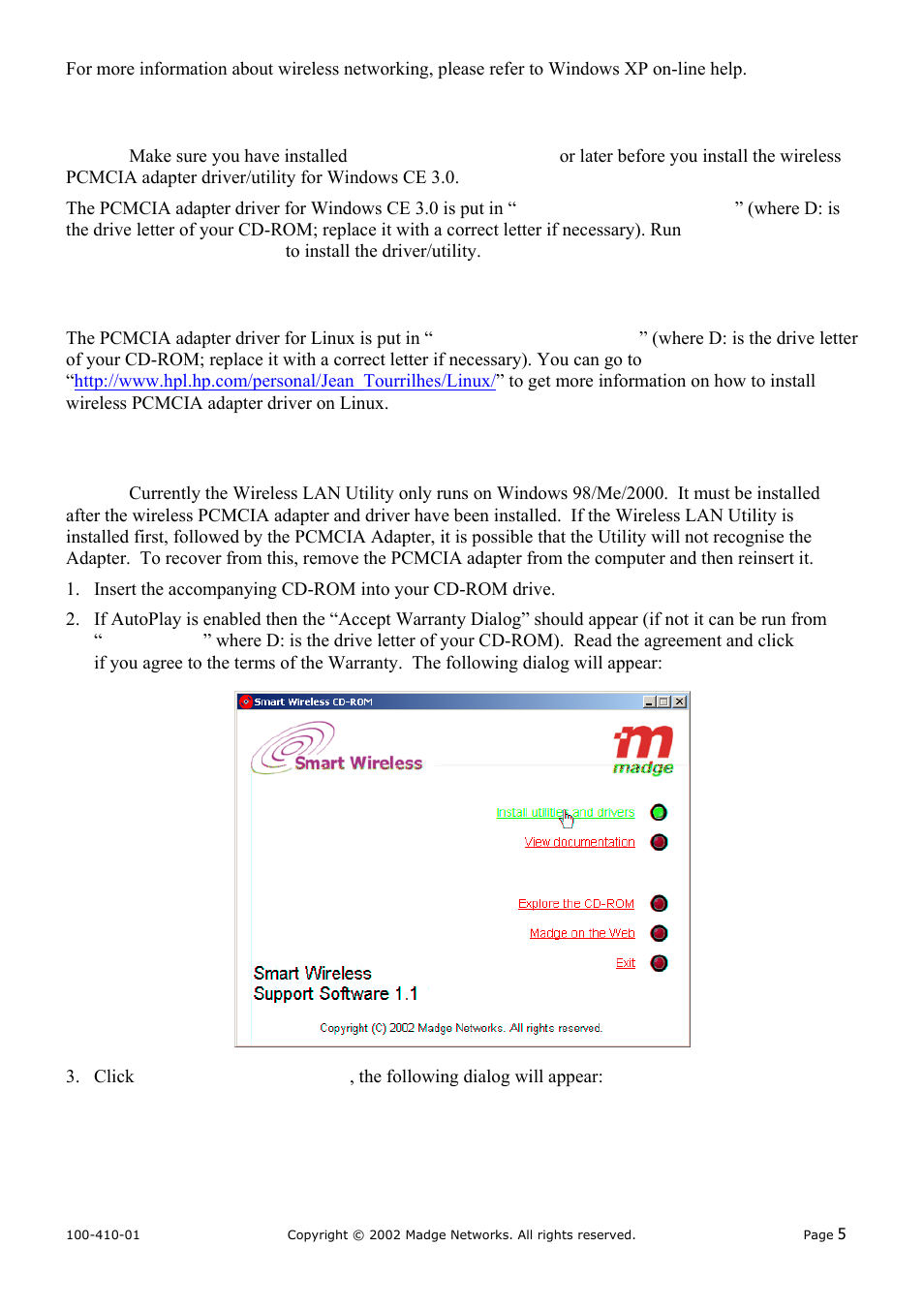Windows ce, Linux, Installing the wireless lan utility | 6 windows, 7 linux, 2 installing the wireless lan utility, 6 windows ce | Madge Networks 802.11b (95-31) User Manual | Page 9 / 12