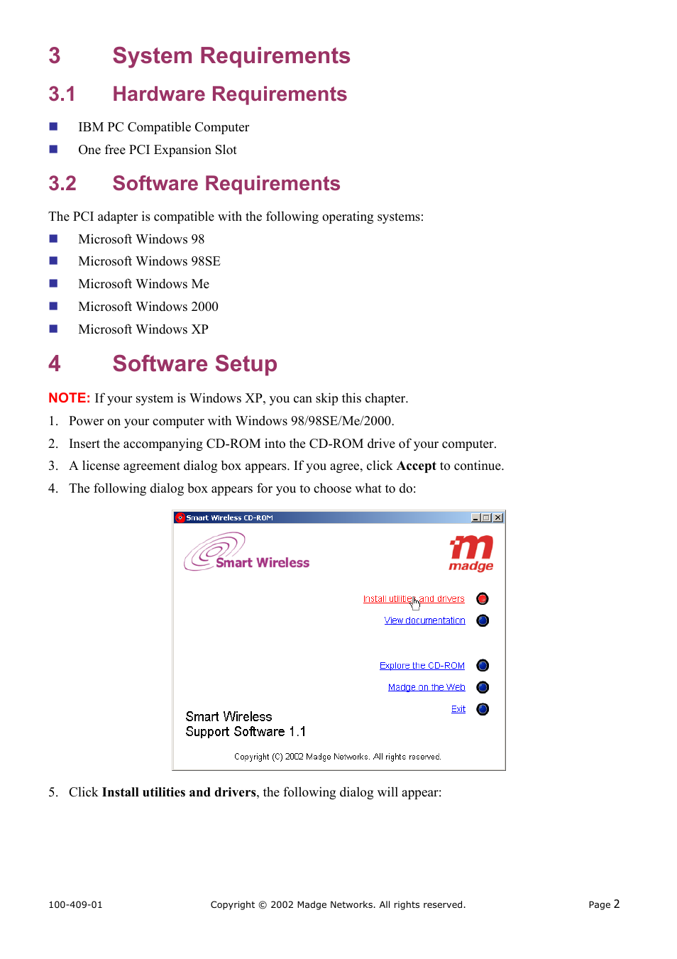 System requirements, Hardware requirements, Software requirements | Software setup, 3 system, Requirements, 1 hardware, 2 software, 4 software, Setup | Madge Networks SMART WIRELESS 802.11B (95-20) User Manual | Page 5 / 7