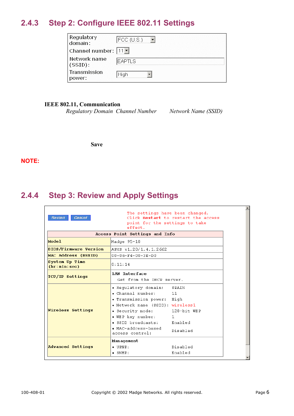 Step 2: configure ieee 802.11 settings, Step 3: review and apply settings, 4 step 3: review and apply settings | Madge Networks 802.11b User Manual | Page 10 / 27