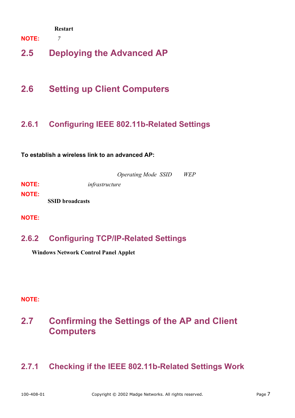 Deploying the advanced ap, Setting up client computers, Configuring ieee 802.11b-related settings | Configuring tcp/ip-related settings, Checking if the ieee 802.11b-related settings work, 5 deploying the advanced ap, 6 setting up client computers, 2 configuring tcp/ip-related settings | Madge Networks 802.11b User Manual | Page 11 / 27