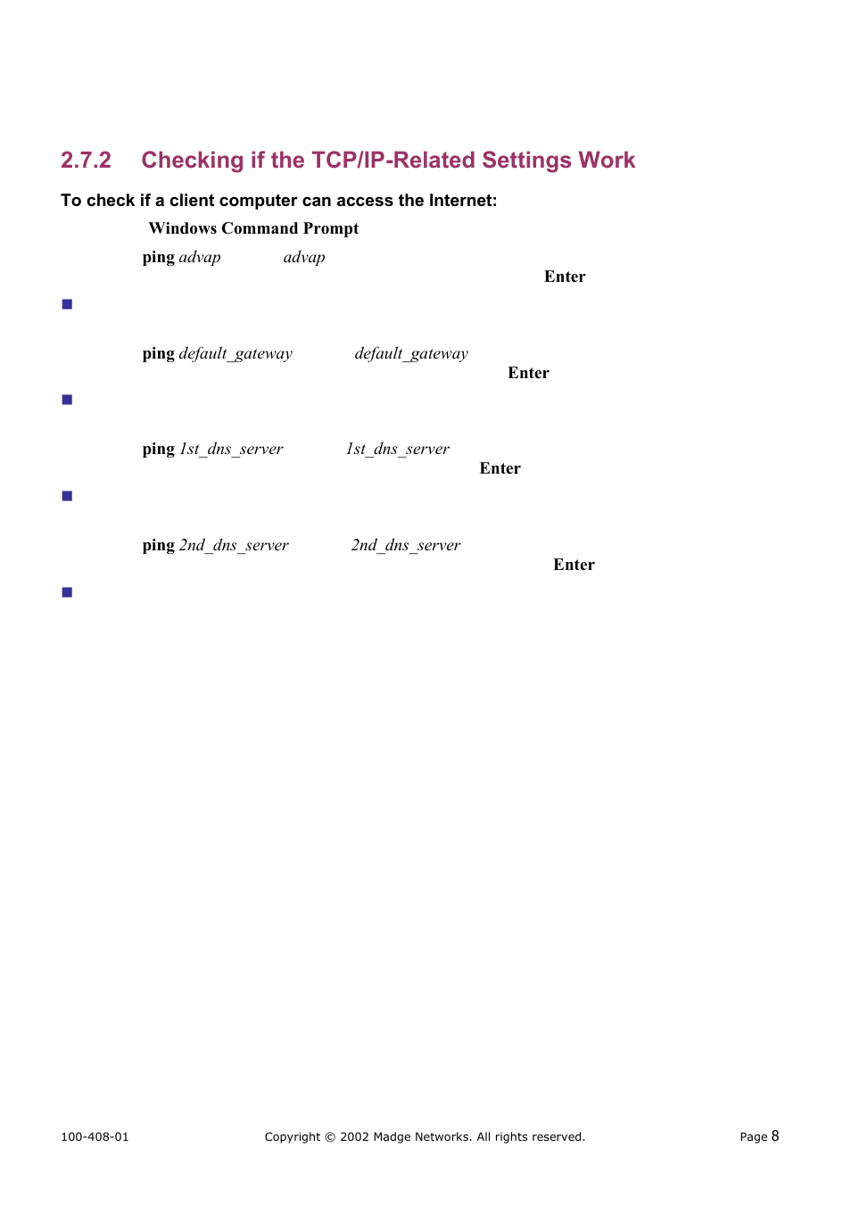 Checking if the tcp/ip-related settings work, 2 checking if the tcp/ip-related settings work | Madge Networks 802.11b User Manual | Page 12 / 27