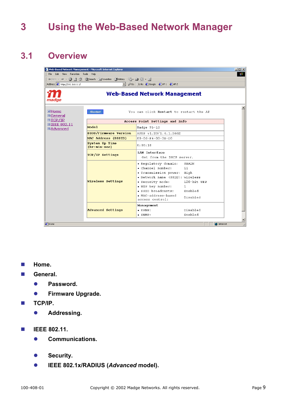 Using the web-based network manager, Overview, 3 using the web-based network manager | 1 overview, 3using the web-based network manager | Madge Networks 802.11b User Manual | Page 13 / 27