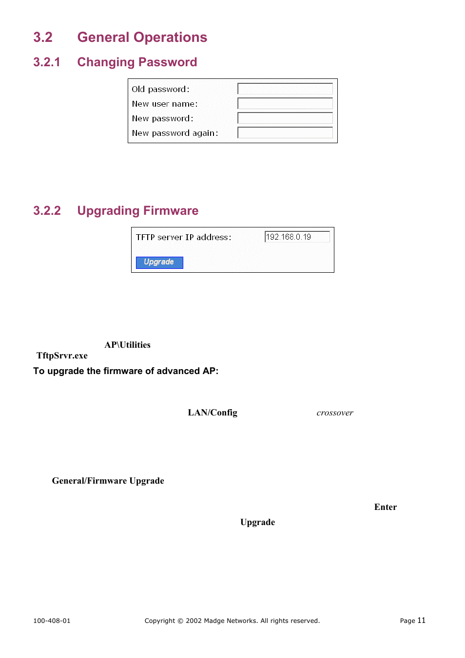 General operations, Changing password, Upgrading firmware | 2 general, Operations, 1 changing, Password, 2 upgrading, Firmware, 2 general operations | Madge Networks 802.11b User Manual | Page 15 / 27