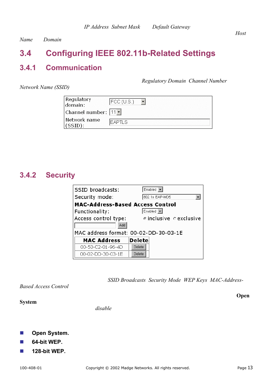 Configuring ieee 802.11b-related settings, Communication, Security | 1 communication 3.4.2 security, 1 communication, 2 security | Madge Networks 802.11b User Manual | Page 17 / 27