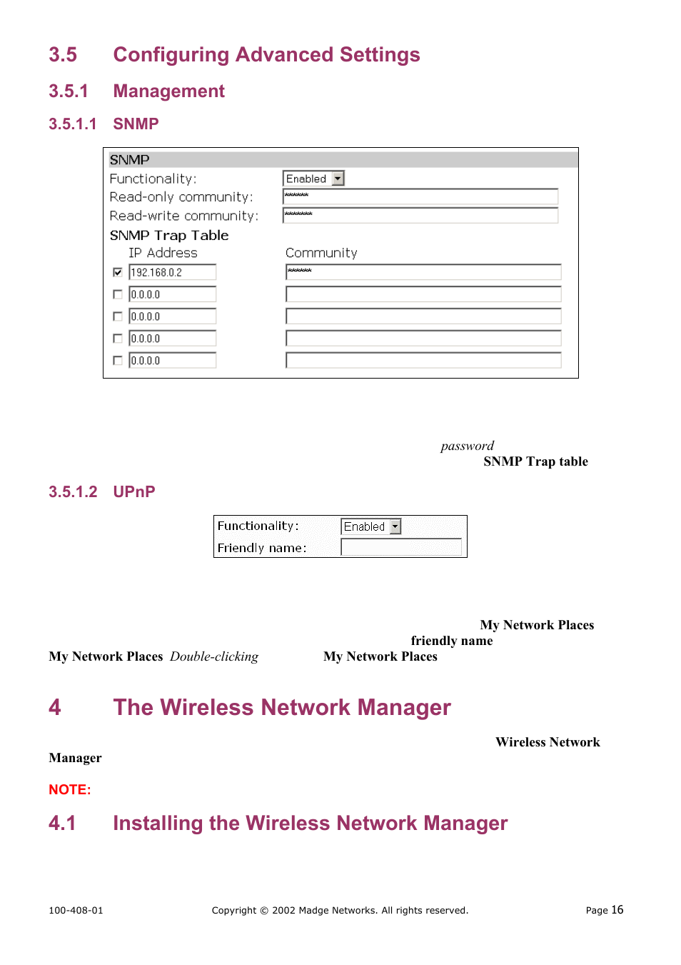 Configuring advanced settings, Management, Snmp | Upnp, The wireless network manager, Installing the wireless network manager, 1 management, 4 the wireless network manager, 1 installing, Wireless network manager | Madge Networks 802.11b User Manual | Page 20 / 27