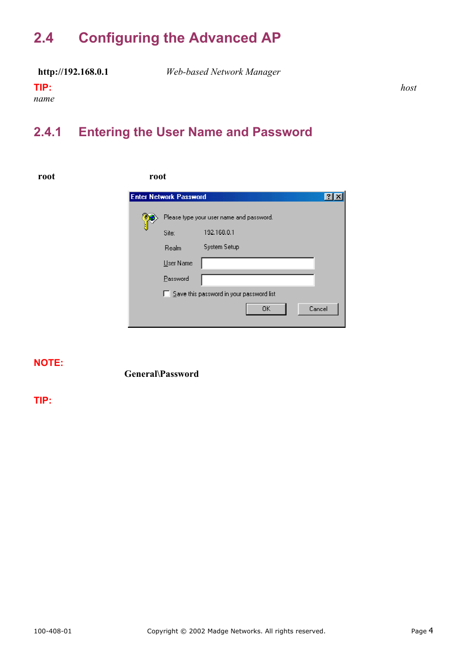Configuring the advanced ap, Entering the user name and password, 4 configuring the advanced ap | 1 entering the user name and password | Madge Networks 802.11b User Manual | Page 8 / 27