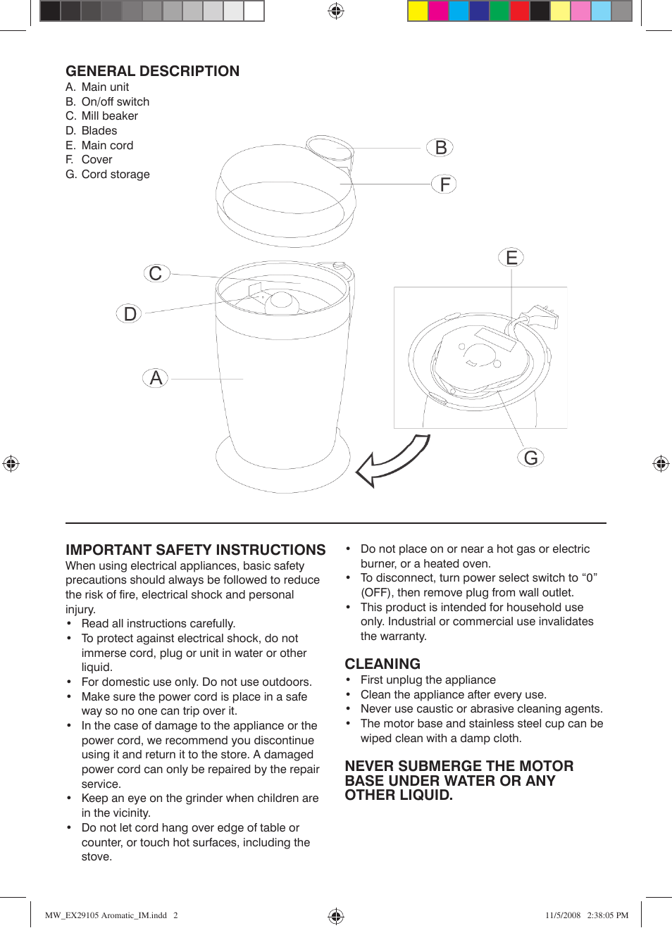 General description, Important safety instructions, Cleaning | Mellerware 29105 User Manual | Page 2 / 4