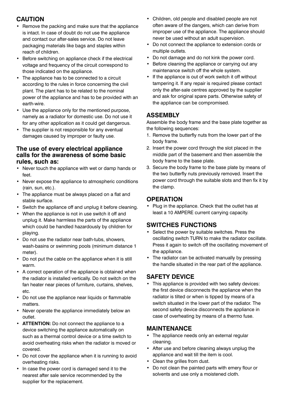 Caution, Assembly, Operation | Switches functions, Safety device, Maintenance | Mellerware 35400 User Manual | Page 3 / 4