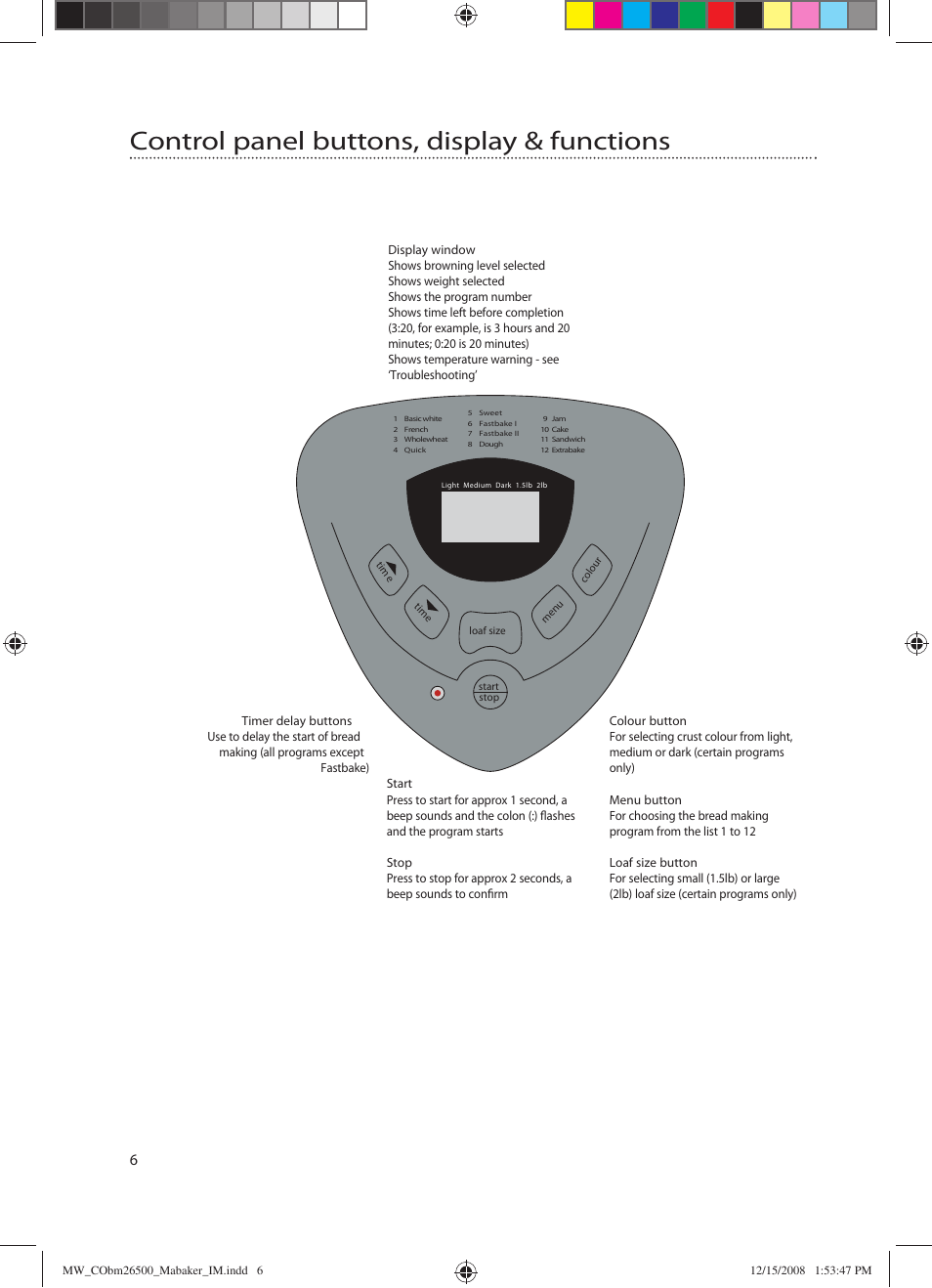 Control panel buttons, display & functions | Mellerware MA-BAKER 26500 User Manual | Page 6 / 24