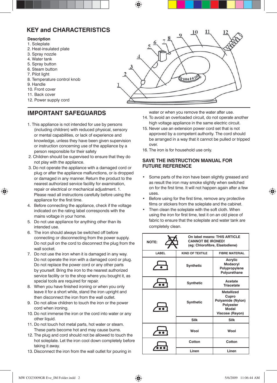 Important safeguards, Key and characteristics | Mellerware EVE 23009GR1200W User Manual | Page 2 / 4