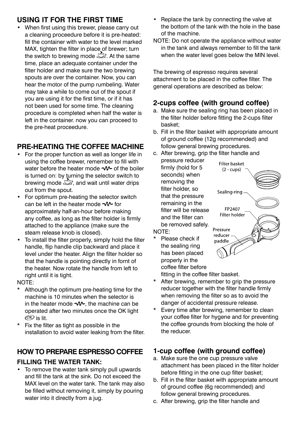 Using it for the first time, Pre-heating the coffee machine, How to prepare espresso coffee | Cups coffee (with ground coffee), Cup coffee (with ground coffee) | Mellerware TRENTO 1200W User Manual | Page 4 / 8