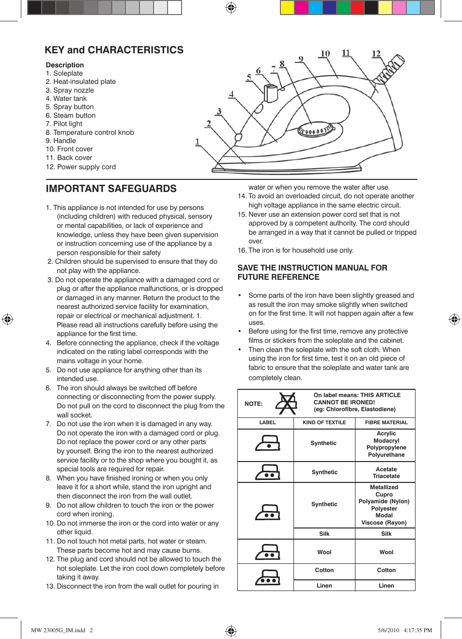 Important safeguards, Key and characteristics | Mellerware ALEXIS 23005G User Manual | Page 2 / 4