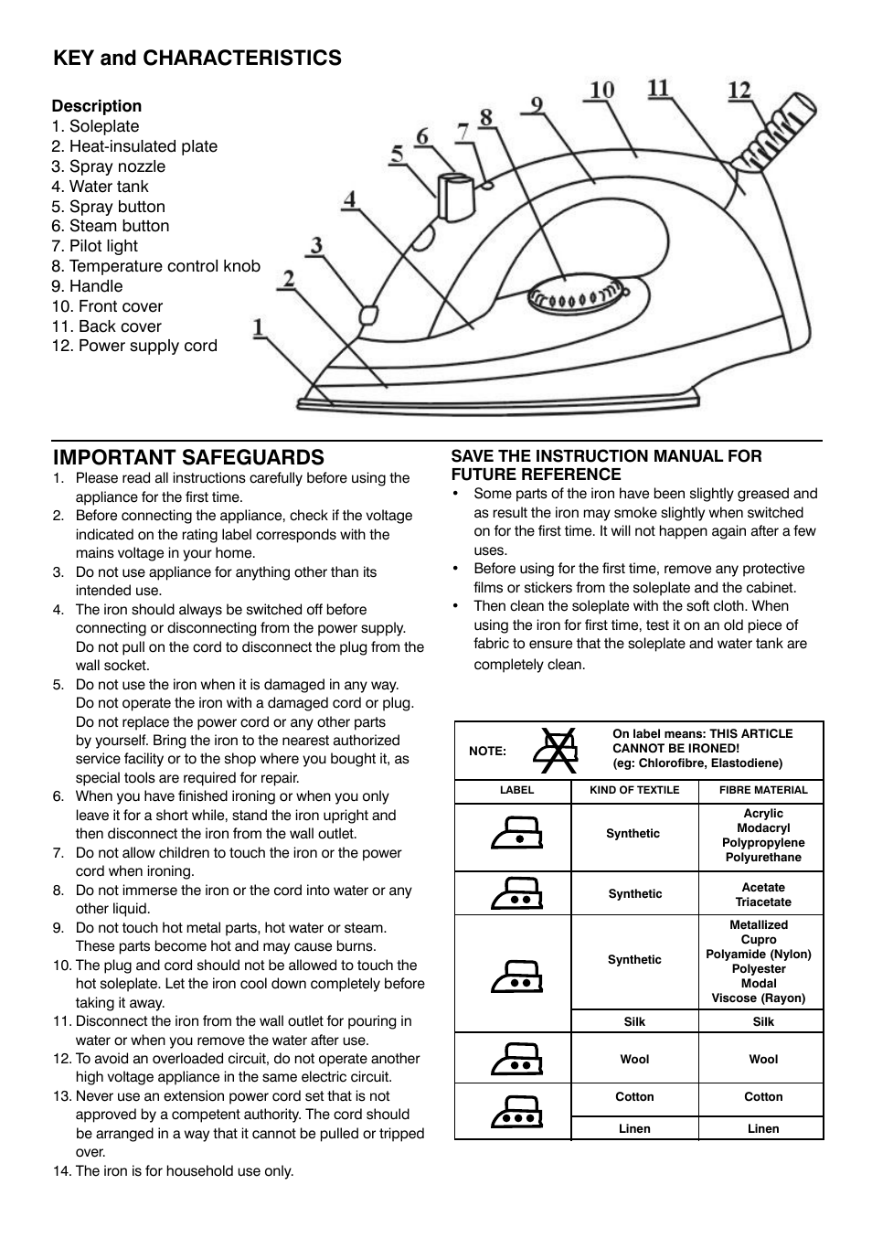 Important safeguards, Key and characteristics | Mellerware EVE STEAM IRON 23009 User Manual | Page 2 / 4