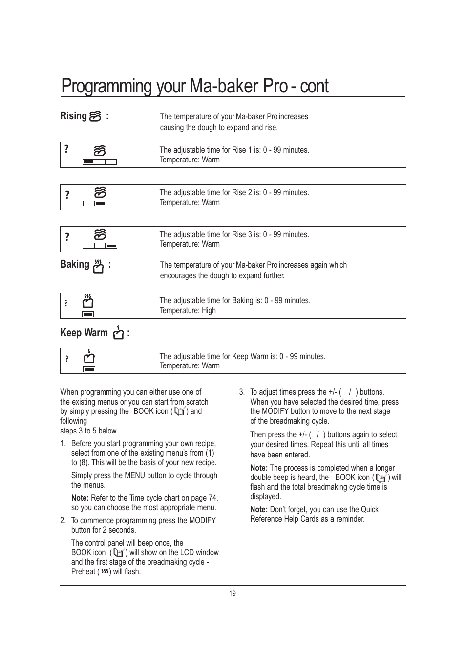 Programming your ma-baker pro - cont, Rising, Baking | Keep warm | Mellerware 26550550W User Manual | Page 19 / 81