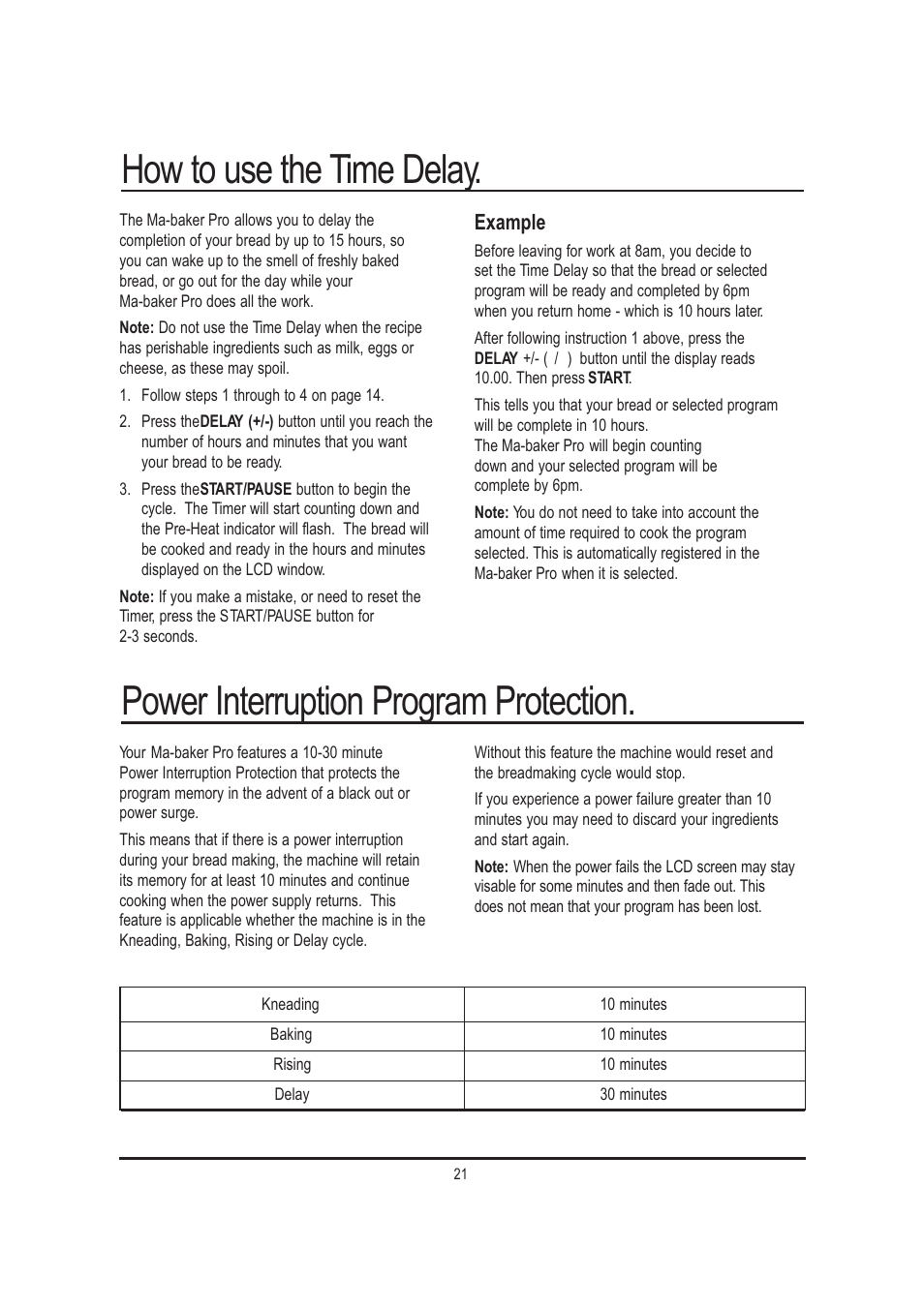 How to use the time delay, Power interruption program protection, Example | Mellerware 26550550W User Manual | Page 21 / 81