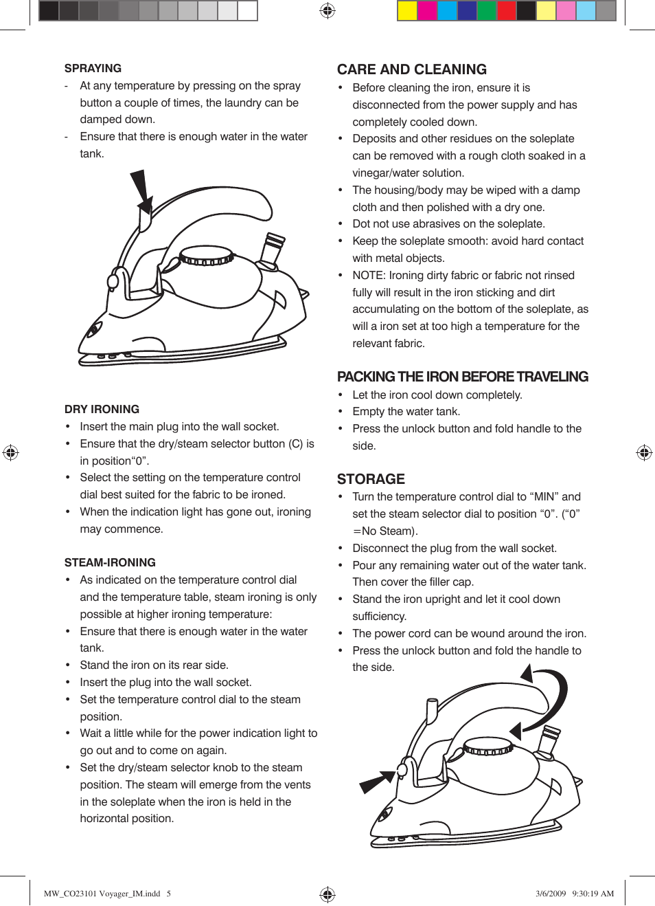 Care and cleaning, Packing the iron before traveling, Storage | Mellerware 23101 User Manual | Page 5 / 8