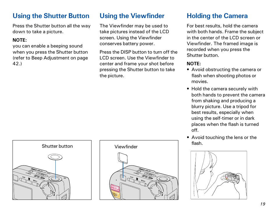 Using the viewfinder, Using the shutter button, Holding the camera | Microtek MKT-1300a User Manual | Page 26 / 72
