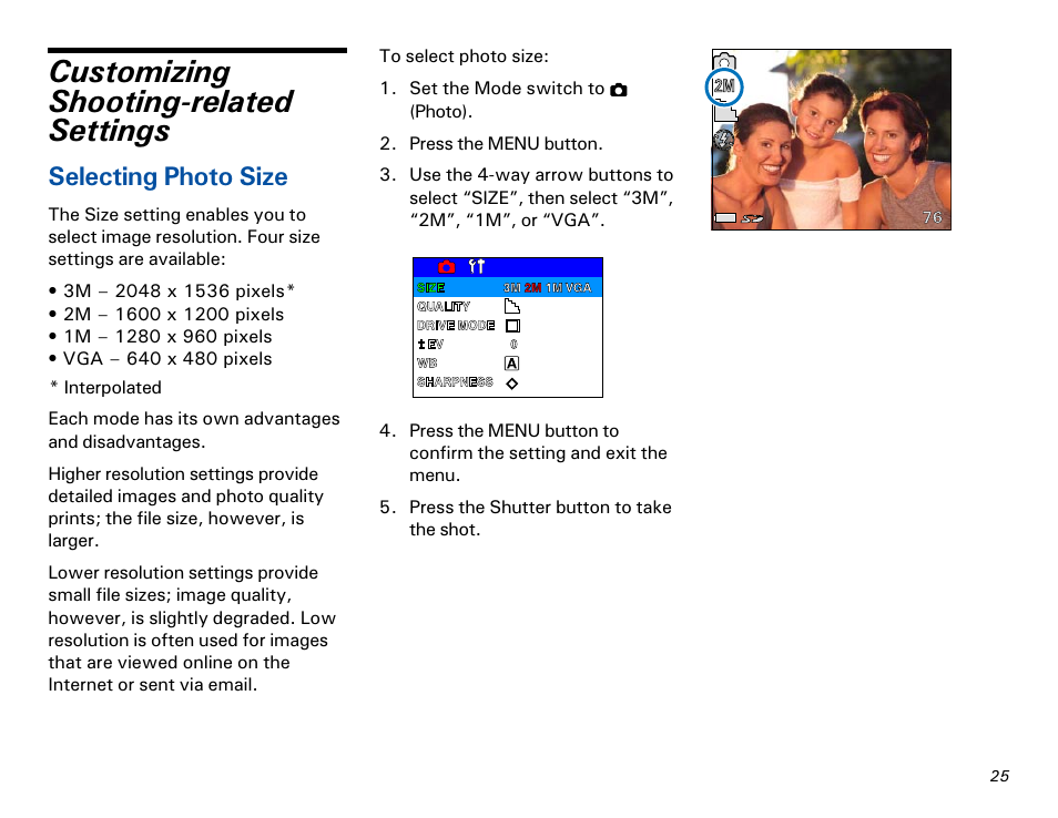 Customizing shooting-related settings, Selecting photo size | Microtek MKT-1300a User Manual | Page 32 / 72
