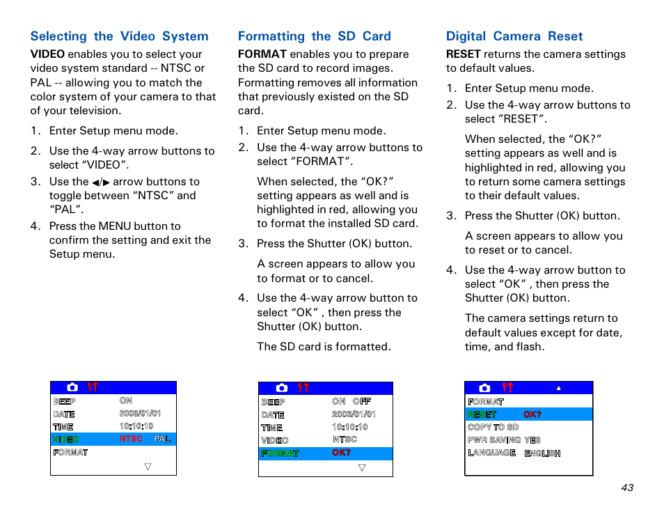 Selecting the video system, Formatting the sd card, Digital camera reset | Microtek MKT-1300a User Manual | Page 50 / 72