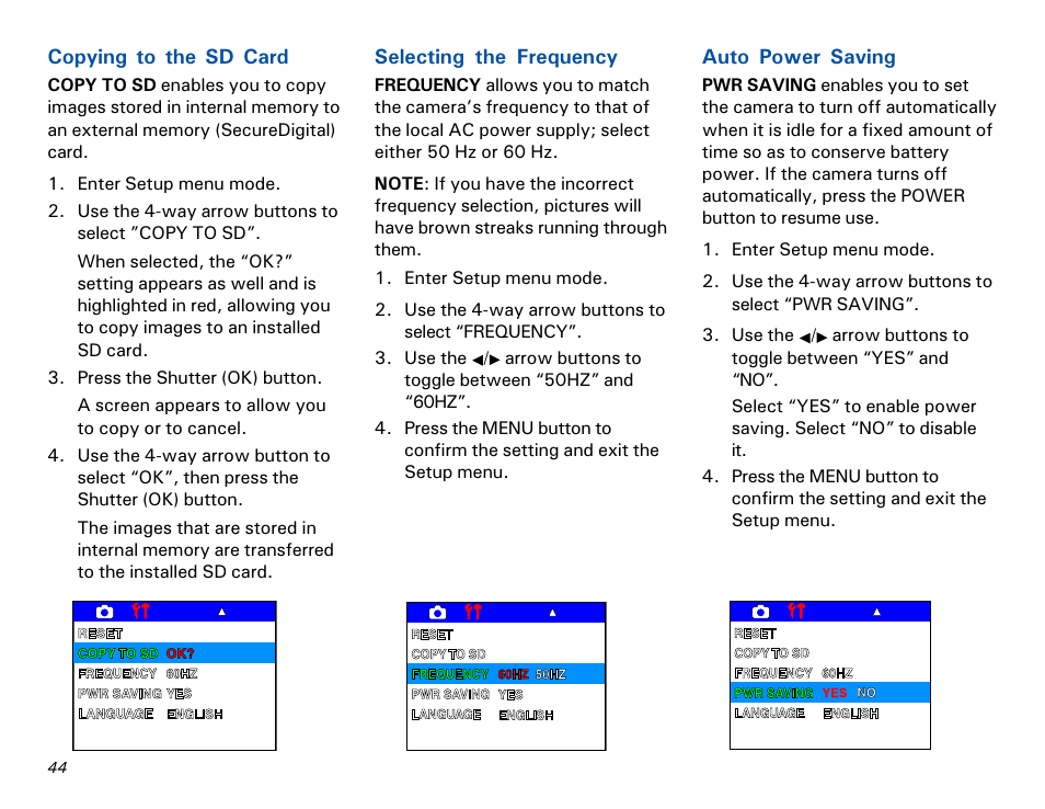 Copying to the sd card, Selecting the frequency, Auto power saving | Microtek MKT-1300a User Manual | Page 51 / 72
