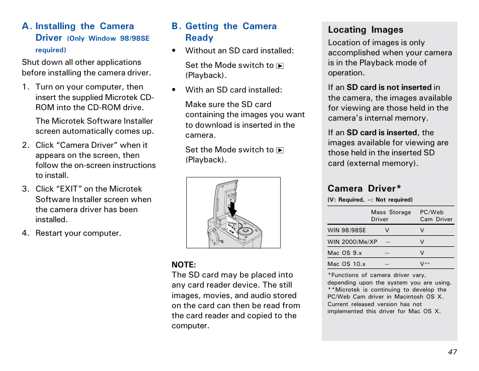 A. installing the camera driver, B. getting the camera ready, Locating images | Camera driver | Microtek MKT-1300a User Manual | Page 54 / 72