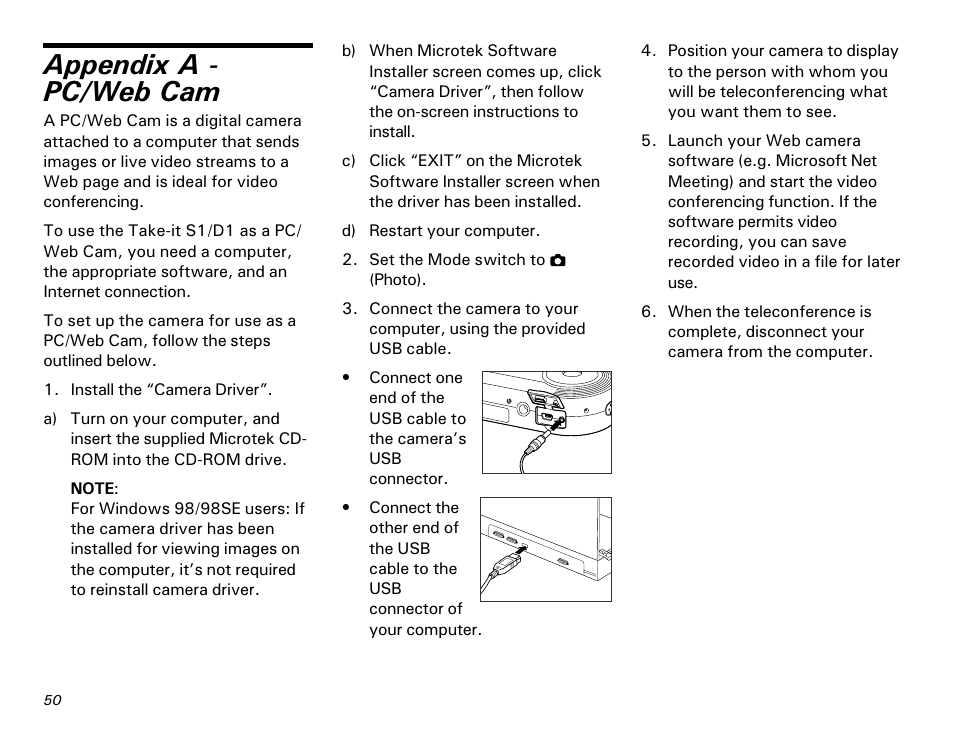 Appendices, A: pc/web cam, Appendix a - pc/web cam | Microtek MKT-1300a User Manual | Page 57 / 72