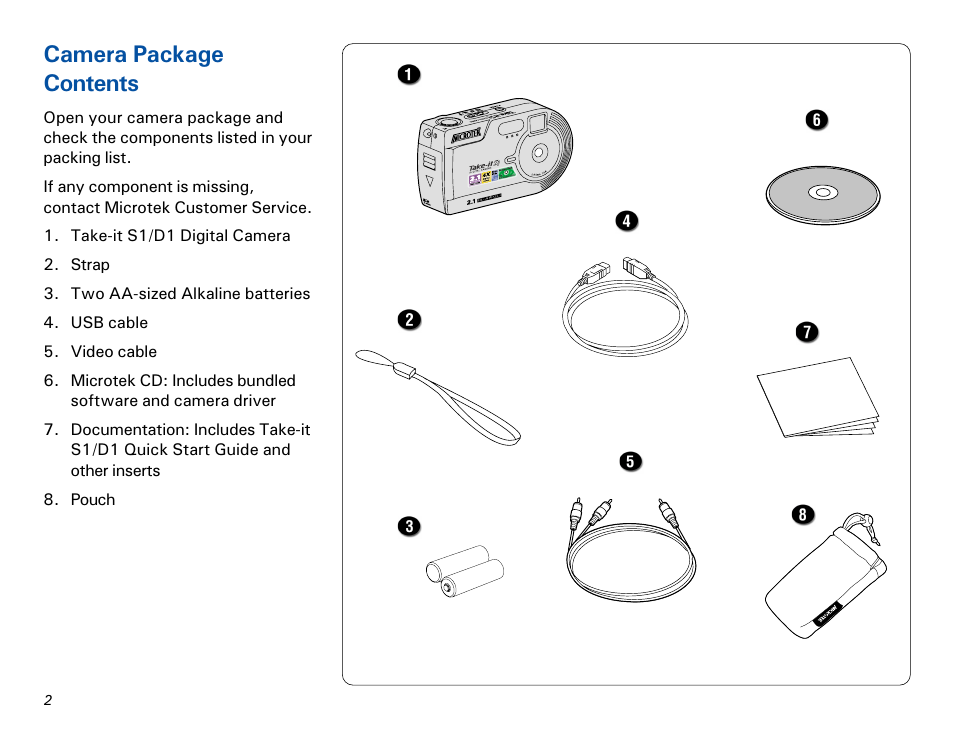 Camera package contents | Microtek MKT-1300a User Manual | Page 9 / 72