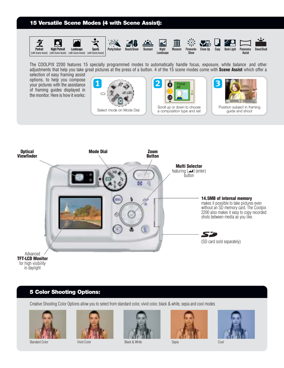 15 versatile scene modes (4 with scene assist), 5 color shooting options | Microtek COOLPIX 2200 User Manual | Page 3 / 6