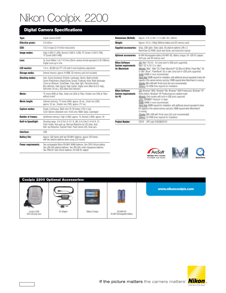 Nikon coolpix, Digital camera specifications, Coolpix 2200 optional accessories | Microtek COOLPIX 2200 User Manual | Page 6 / 6