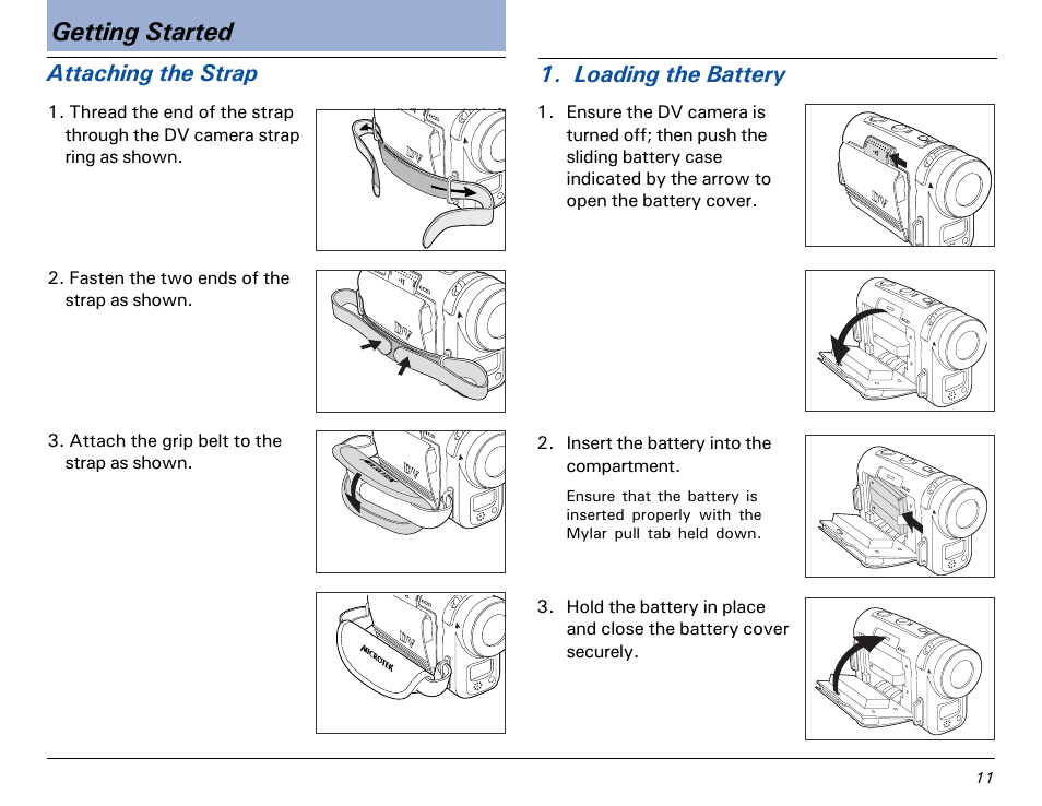 Getting started, Attaching the strap, Loading the battery | Microtek MV300 User Manual | Page 11 / 47