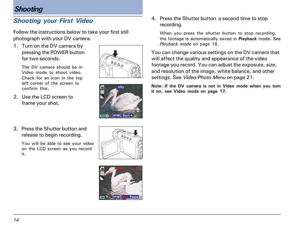 Shooting, Shooting your first video | Microtek MV300 User Manual | Page 14 / 47