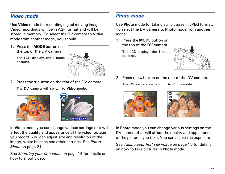 Photo mode, Video mode | Microtek MV300 User Manual | Page 17 / 47