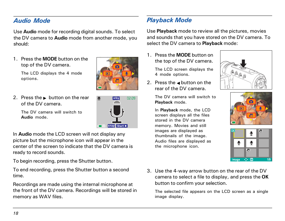 Audio mode, Playback mode | Microtek MV300 User Manual | Page 18 / 47