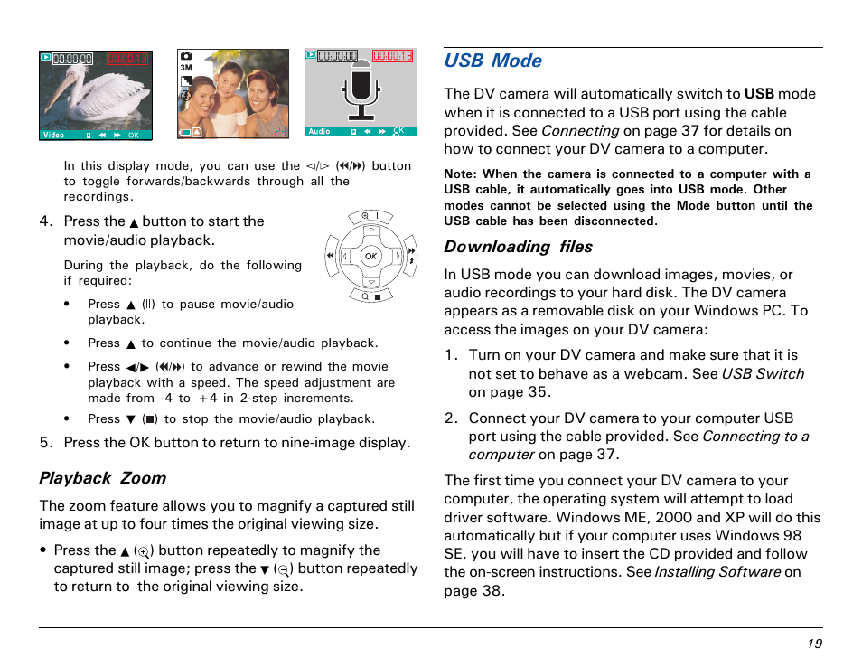 Usb mode, Downloading files, Playback zoom | Microtek MV300 User Manual | Page 19 / 47